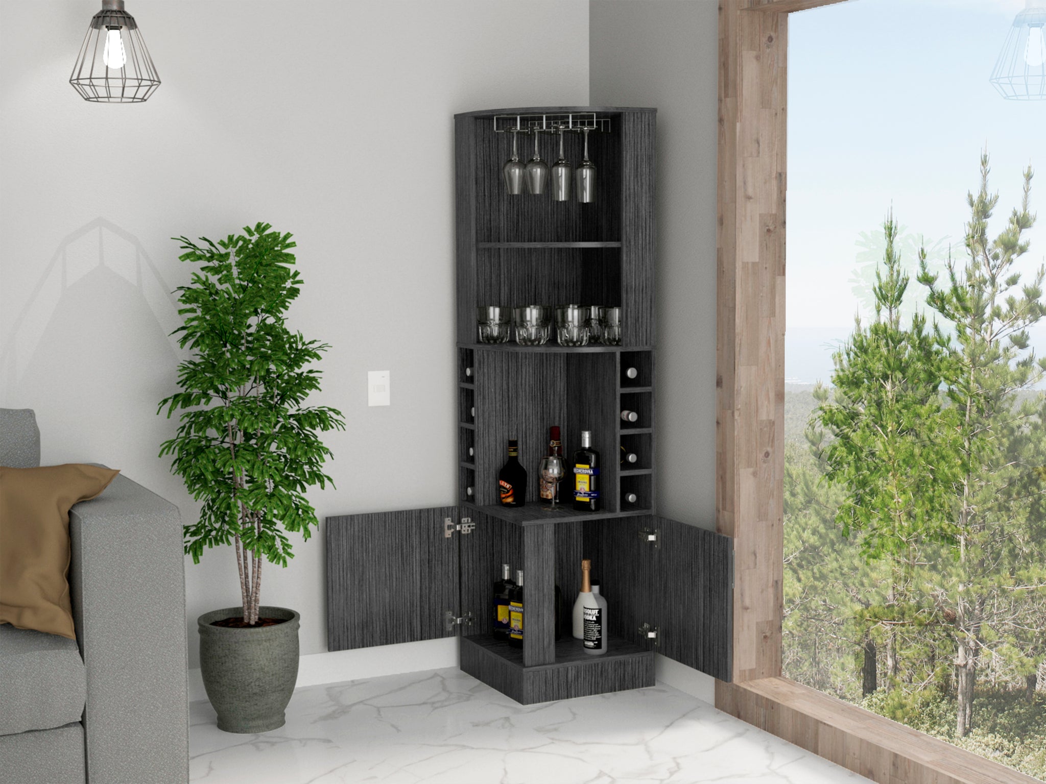 Isabelle 8 Bottle 2 Shelf Bar Cabinet Smokey Oak