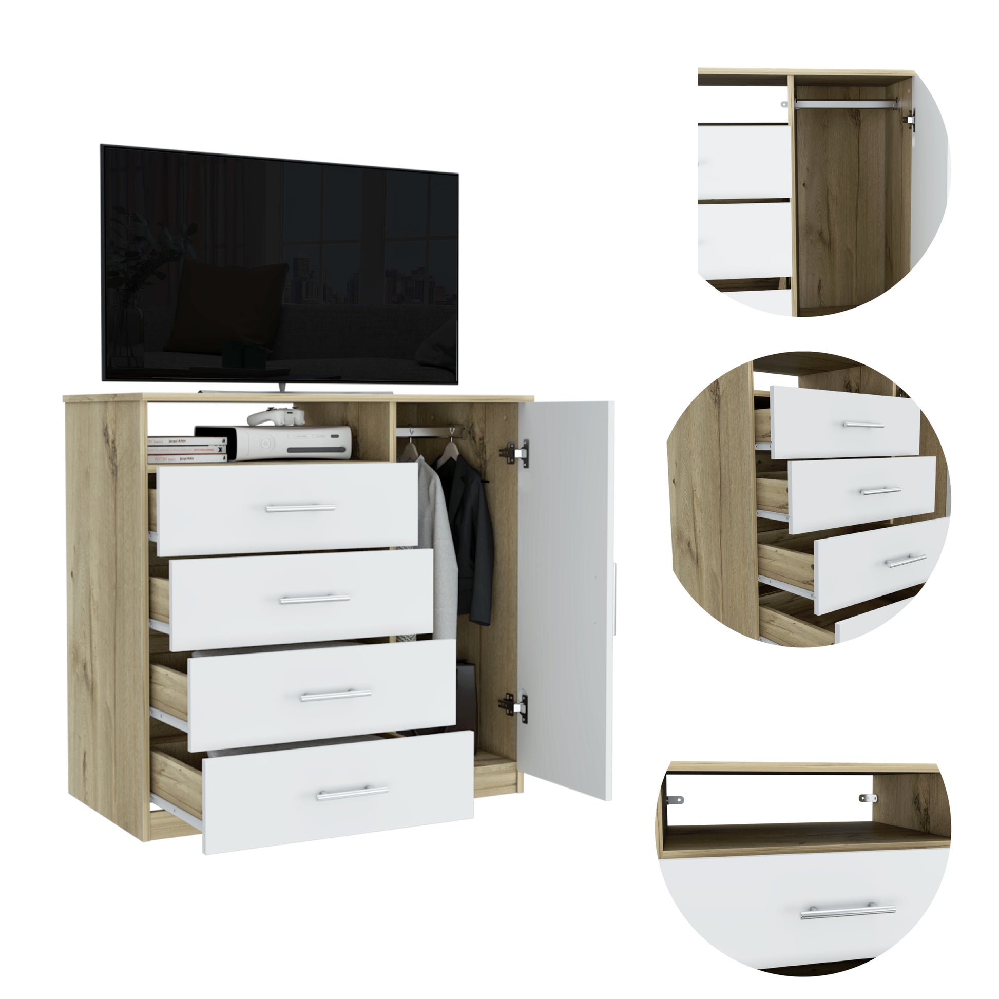 Baylon 4 Drawer 1 Shelf Dresser White White Particle Board