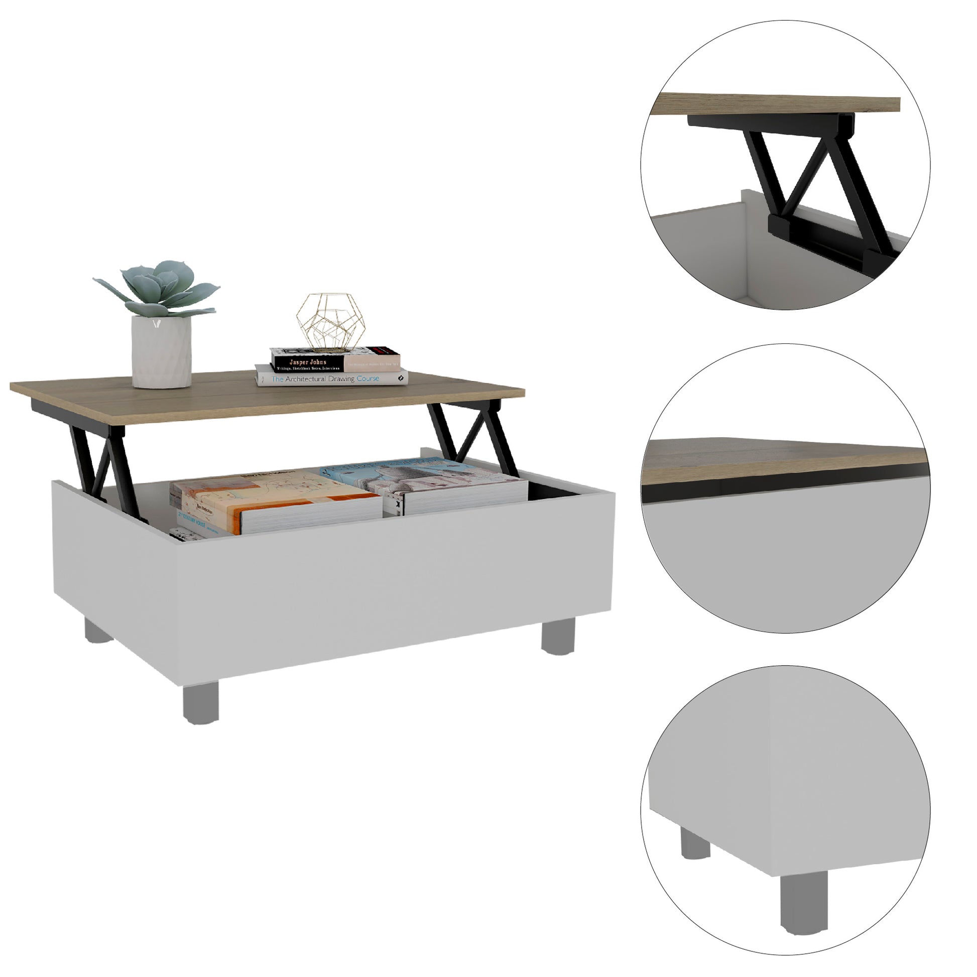 Tilton Rectangle Lift Top Coffee Table White Oak White White Primary Living Space Rectangular Particle Board