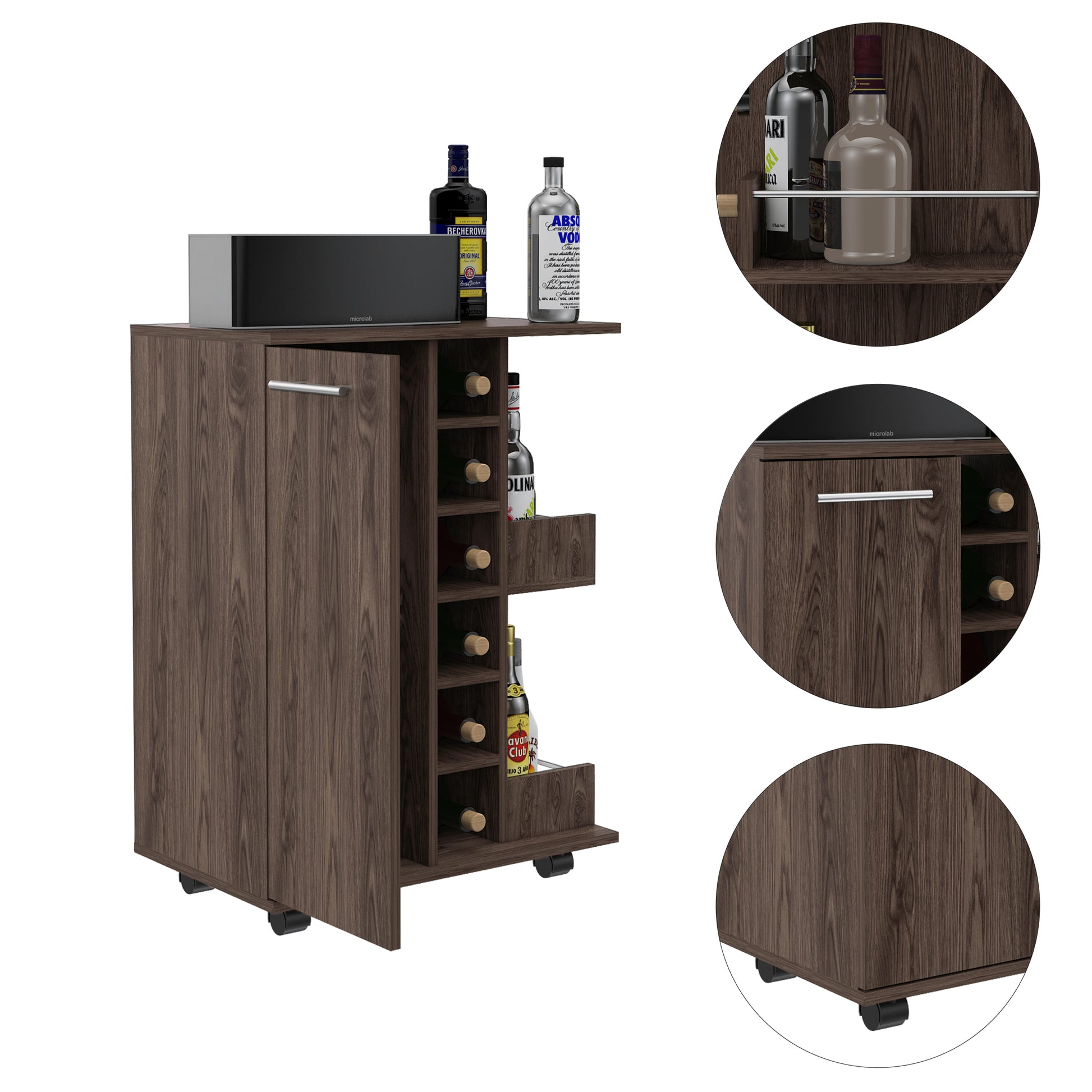 Bartlet 2 Shelf 6 Bottle Bar Cart With Division Dark Walnut Brown Particle Board