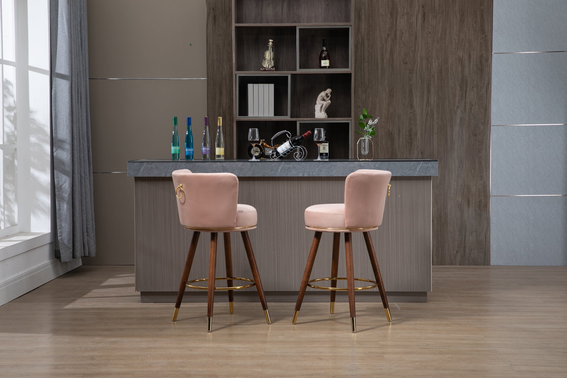 Coolmore Counter Height Bar Stools Set Of 2 For Kitchen Counter Solid Wood Legs With Fabric With A Fixed Height Of 360 Degrees Pink Solid Wood