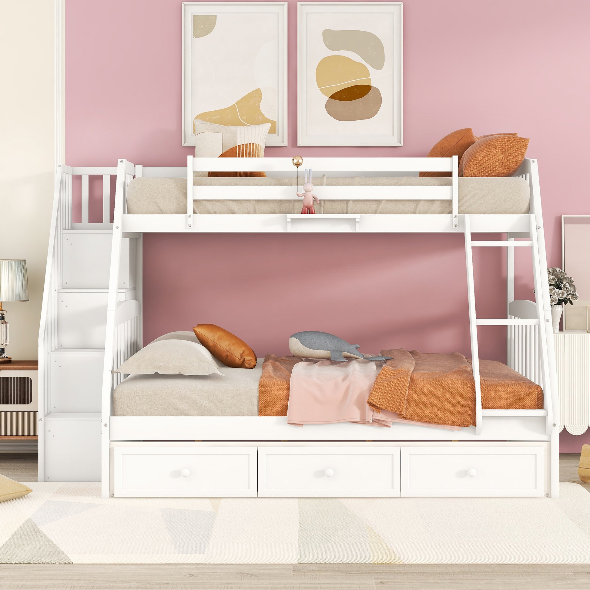 Twin Over Full Bunk Bed With Drawers Ladder And Storage Staircase, White White Solid Wood Mdf