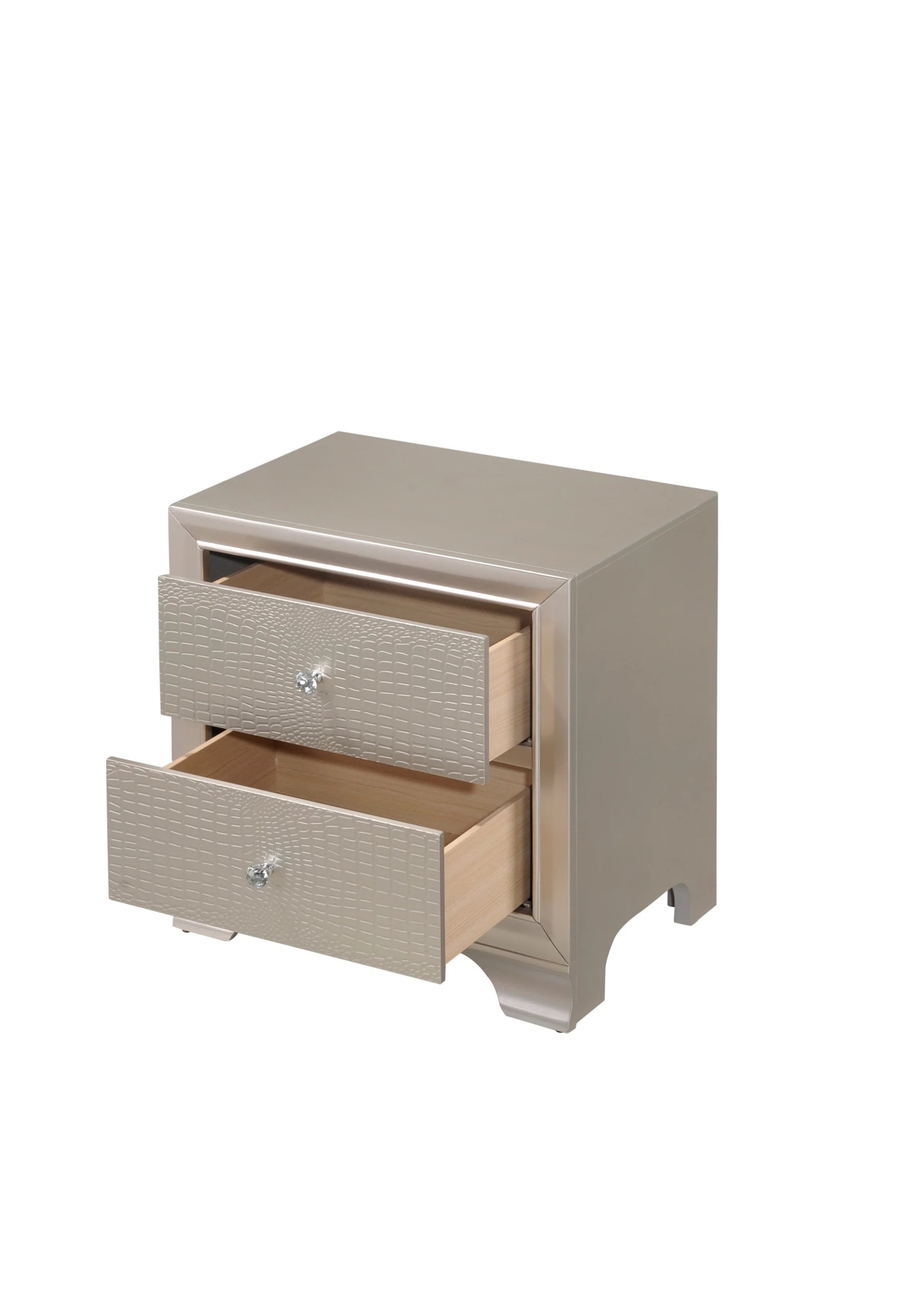 1Pc Modern Glam Style Champagne Finish Two Drawer Nightstand Embossed Crocodile Pattern Champagne Solid Wood