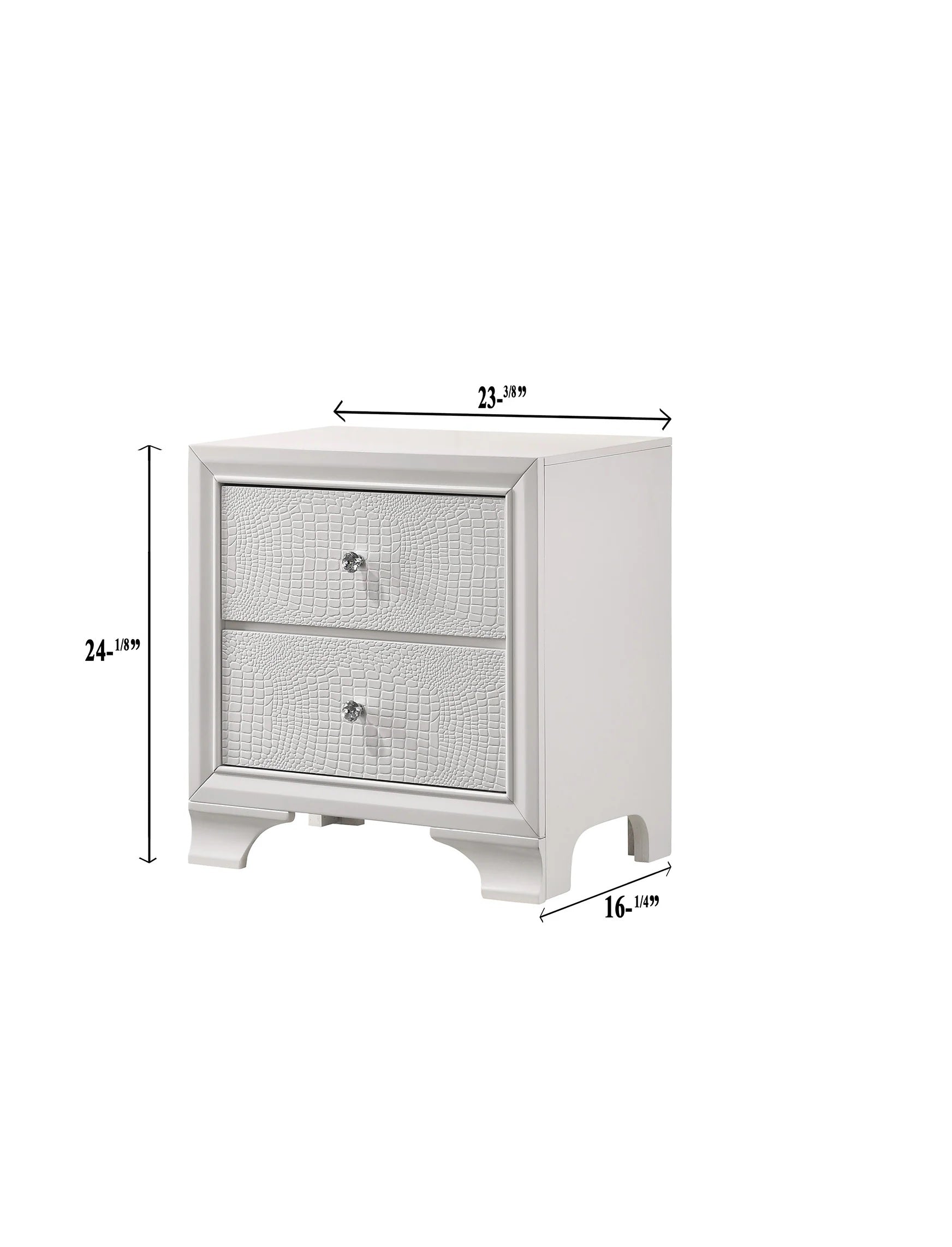 1Pc Modern Glam Style Crisp White Finish Two Drawer Nightstand Embossed Crocodile Pattern White Solid Wood