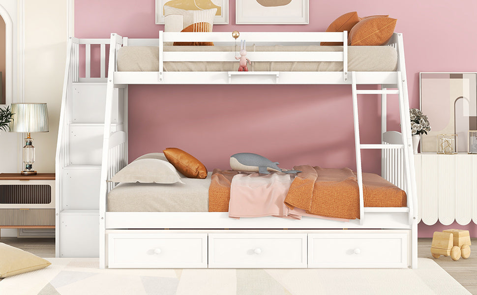 Twin Over Full Bunk Bed With Drawers Ladder And Storage Staircase, White White Solid Wood Mdf