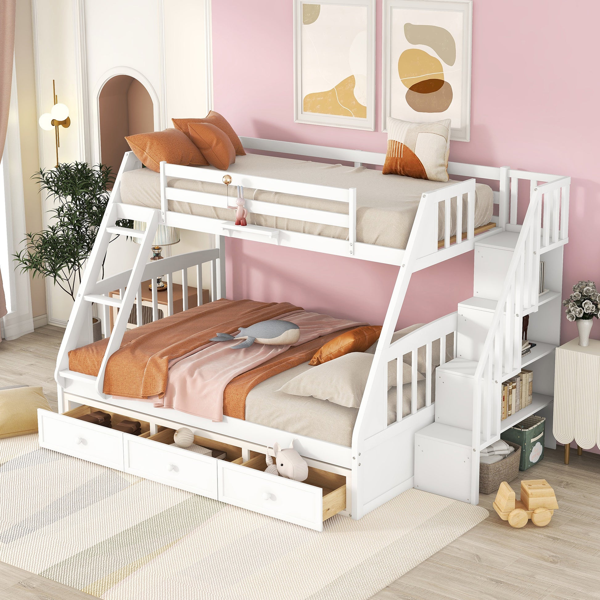 Twin Over Full Bunk Bed With Drawers Ladder And Storage Staircase, White White Solid Wood Mdf