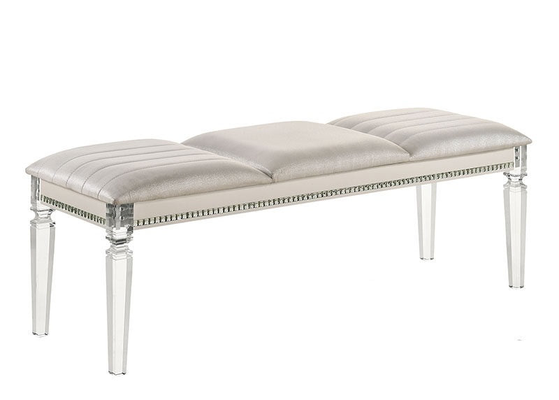 Antique Classic Pearl White 1Pc Bench Only Contemporary Solid Wood Acrylic Legs Crystal And Mirror Accent Antique White Bedroom Contemporary,Traditional Rubberwood Acrylic