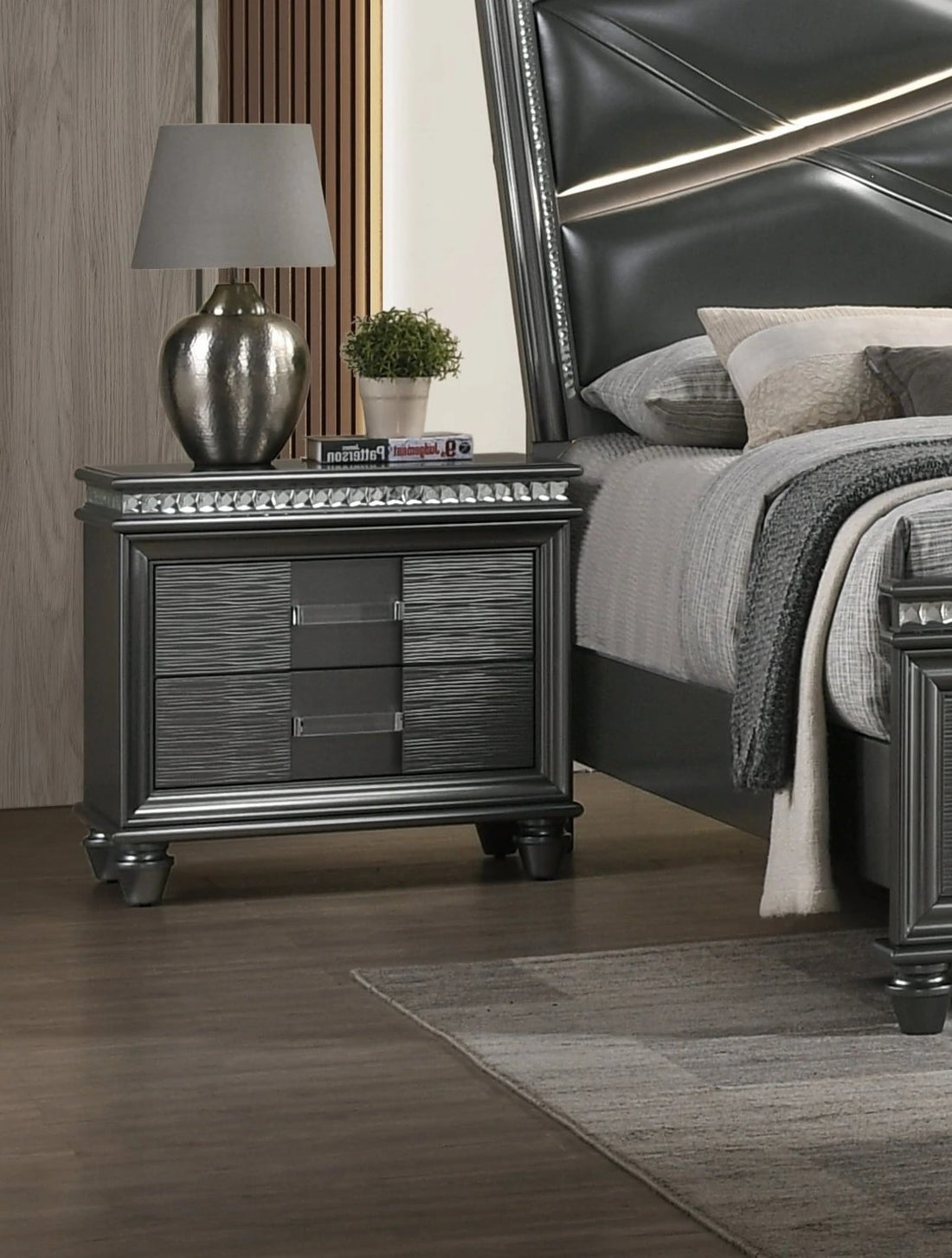 1Pc Modern Glam Style Dark Gray Finish Crystal Inlay Edges Two Drawer Nightstand Dark Gray Solid Wood