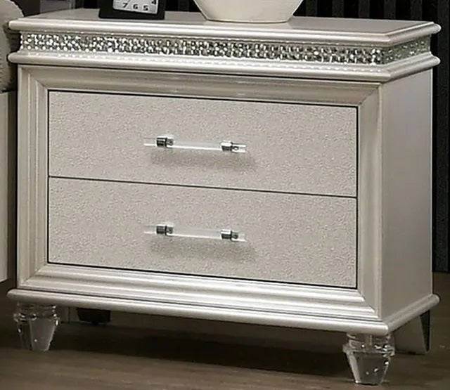 Classic Pearl White 1Pc Nightstand Only Contemporary Solid Wood 2 Drawers Felt Lined Top English Dovetail Acrylic Legs & Pull Handle Antique White 2 Drawers Bedroom Bedside Cabinet Contemporary,Modern Solid Wood Solid Wood