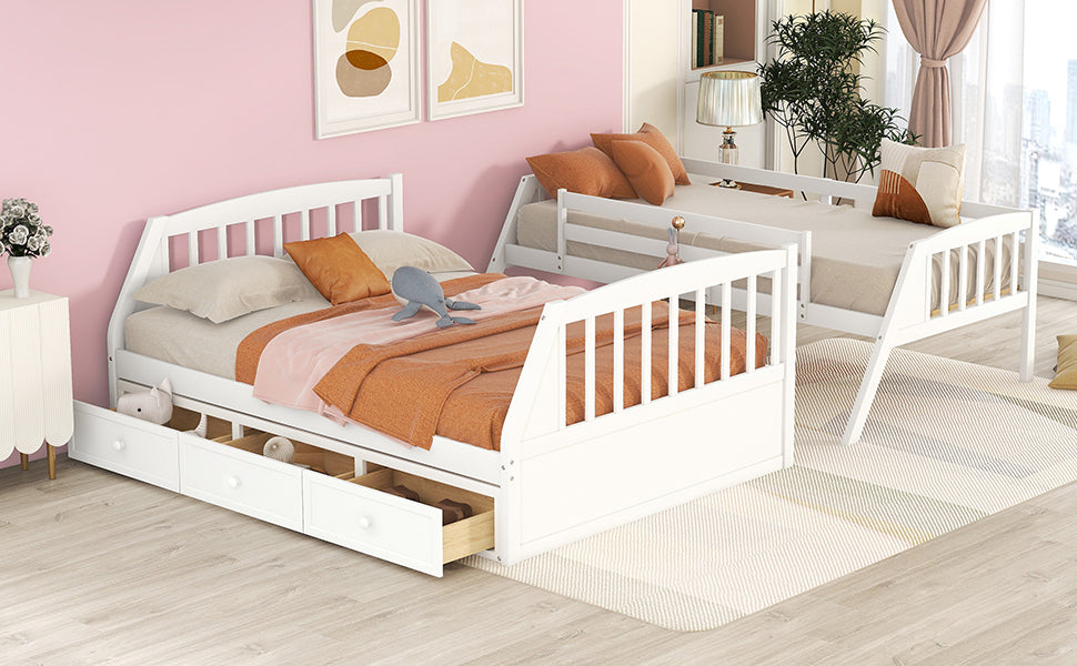 Twin Over Full Bunk Bed With Drawers Ladder And Storage Staircase, White White Solid Wood Mdf