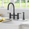 Double Handle Bridge Kitchen Faucet With Side Spray Matte Black Stainless Steel