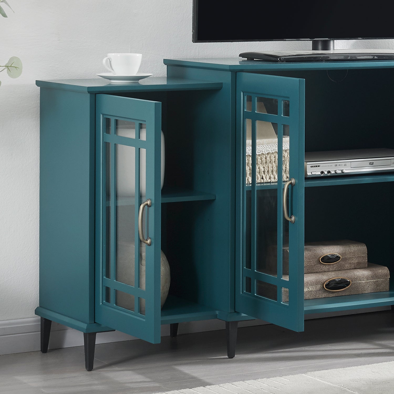 62" Tv Stand, Buffet Sideboard Cabinet, Teal Blue Teal Blue Primary Living Space 40 49 Inches Mdf Glass