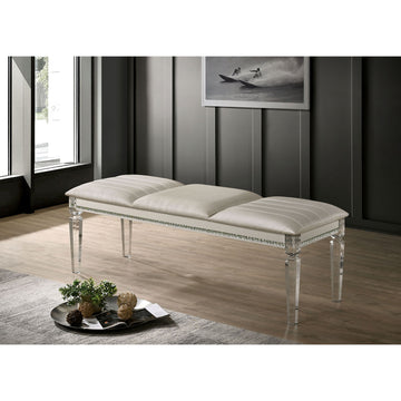 Antique Classic Pearl White 1Pc Bench Only Contemporary Solid Wood Acrylic Legs Crystal And Mirror Accent Antique White Bedroom Contemporary,Traditional Rubberwood Acrylic