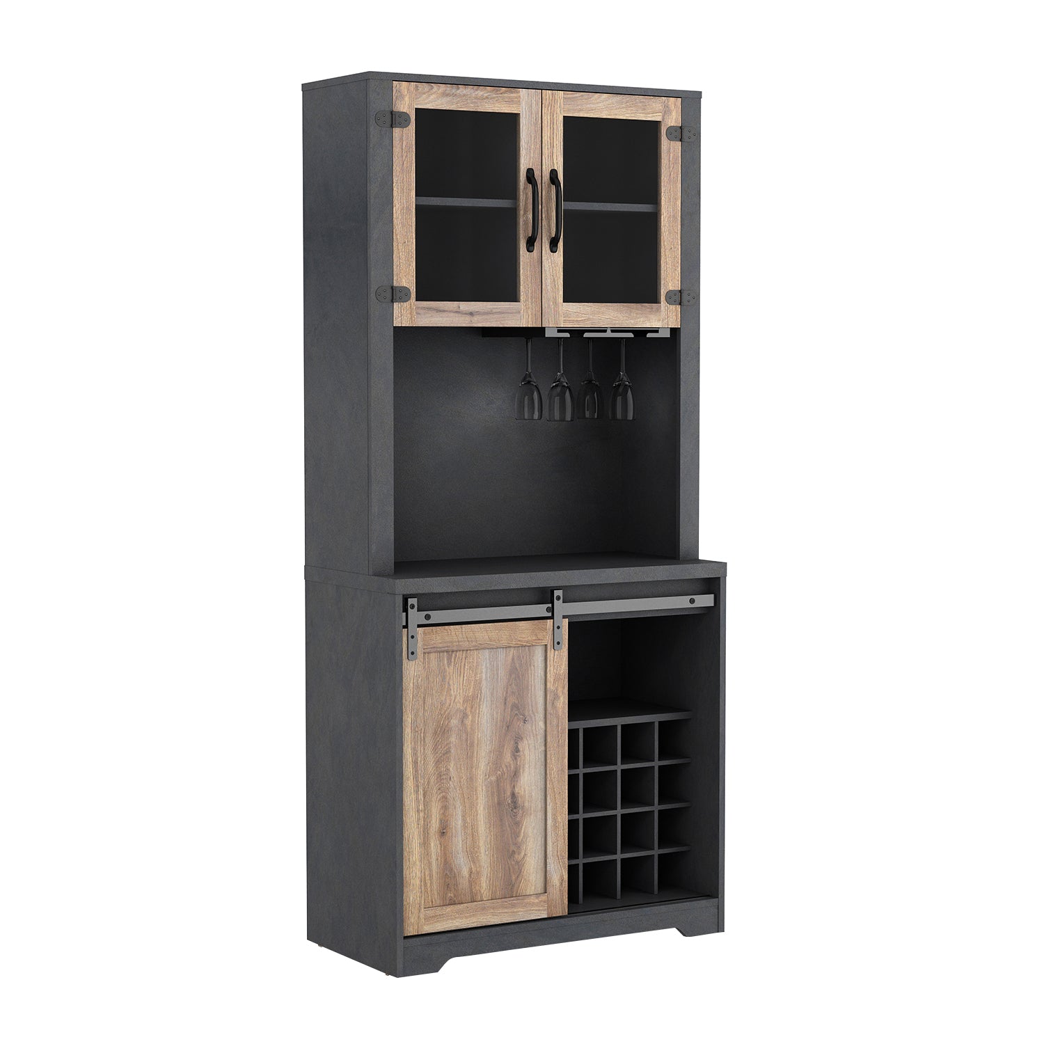 31 Inch Farmhouse Barn Door Bar Cabinet For Living Room, Dining Room Dark Grey Particle Board