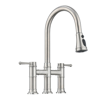 Double Handle Bridge Kitchen Faucet With Pull Down Spray Head Brushed Nickel Stainless Steel