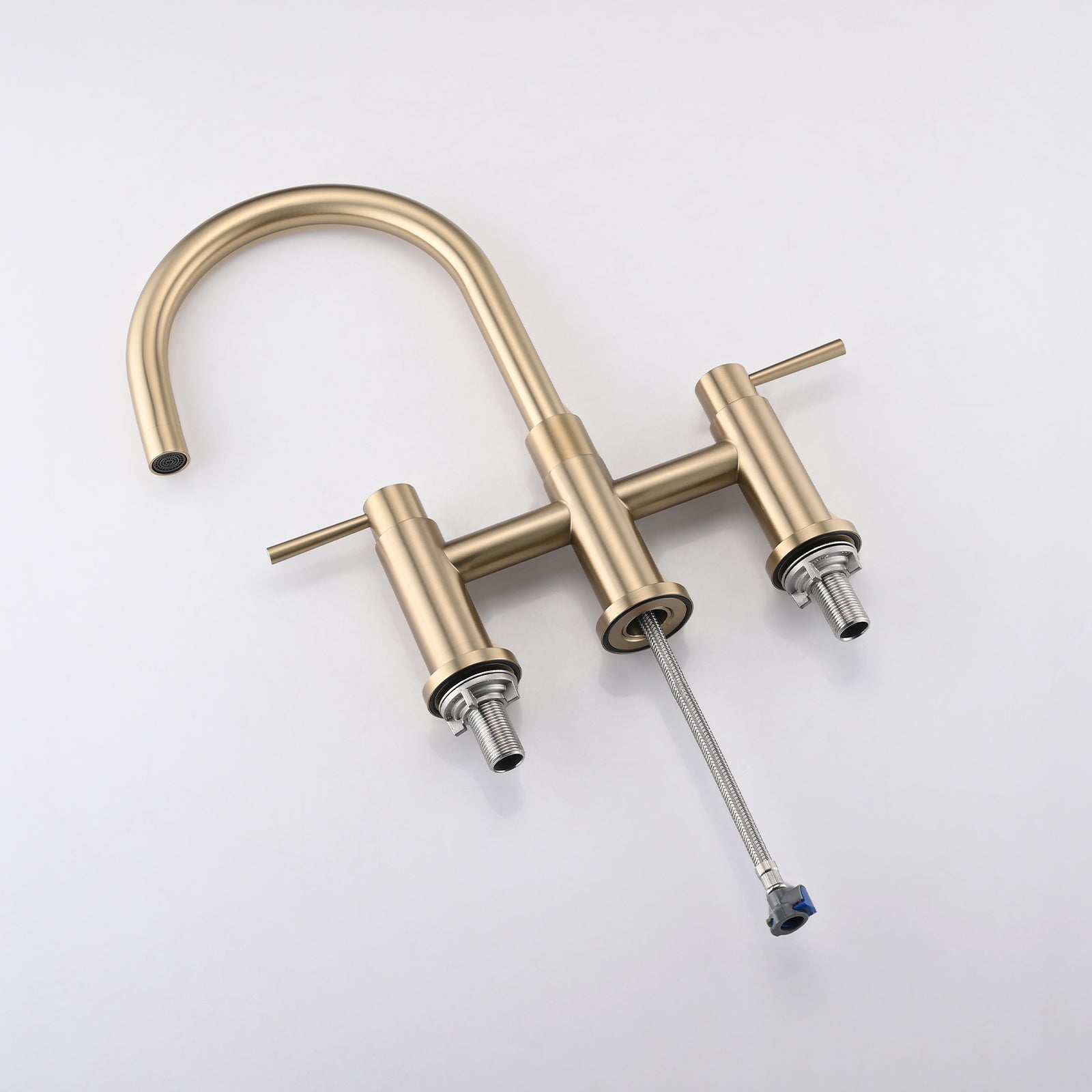 Double Handle Bridge Kitchen Faucet With Side Spray Brushed Gold Stainless Steel