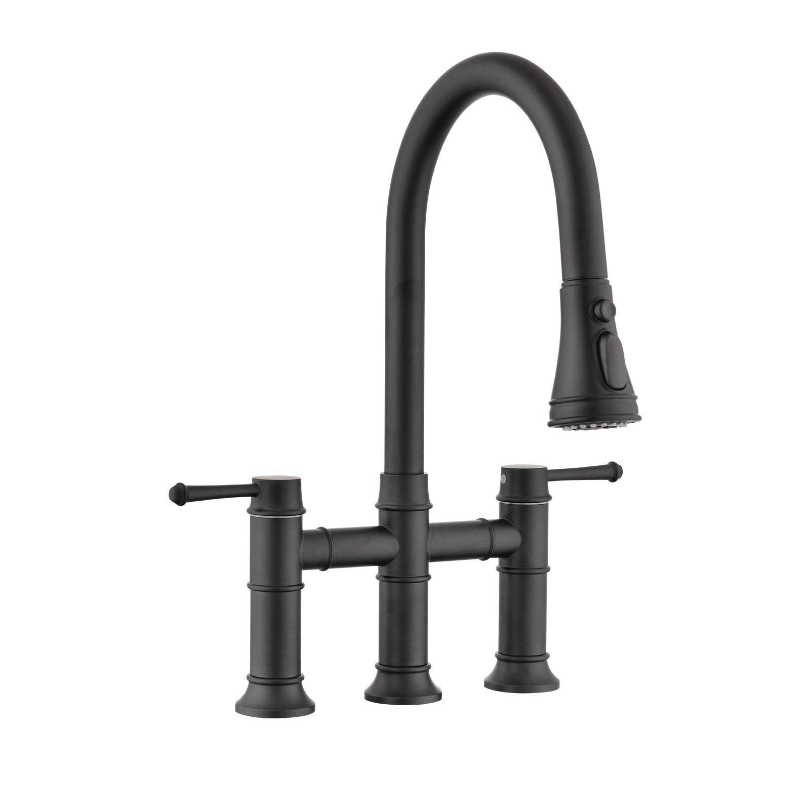 Double Handle Bridge Kitchen Faucet With Pull Down Spray Head Matte Black Stainless Steel