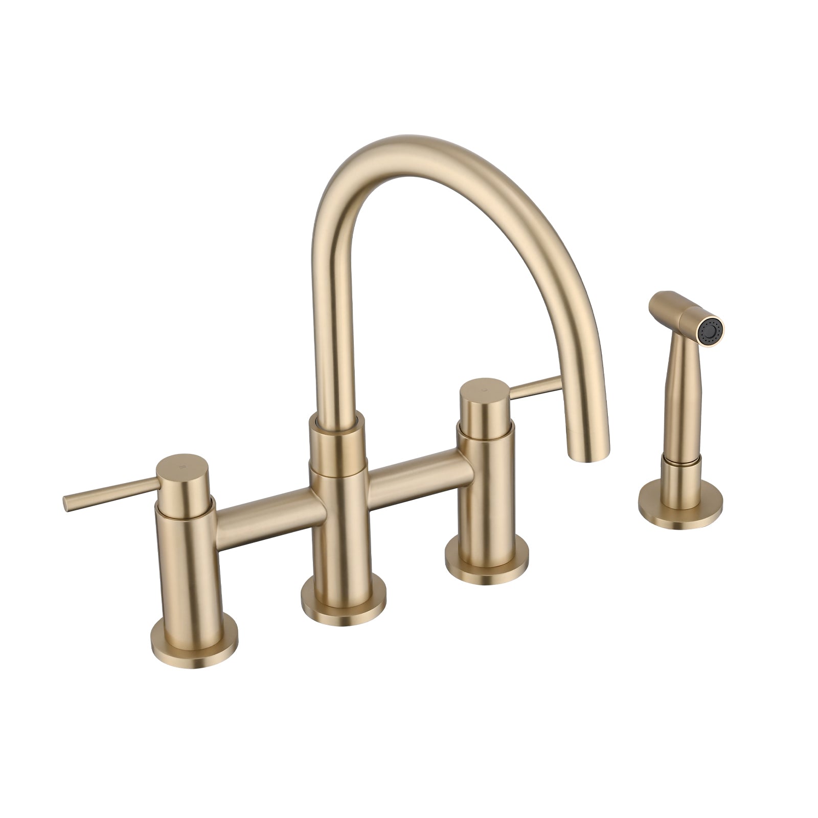 Double Handle Bridge Kitchen Faucet With Side Spray Brushed Gold Stainless Steel