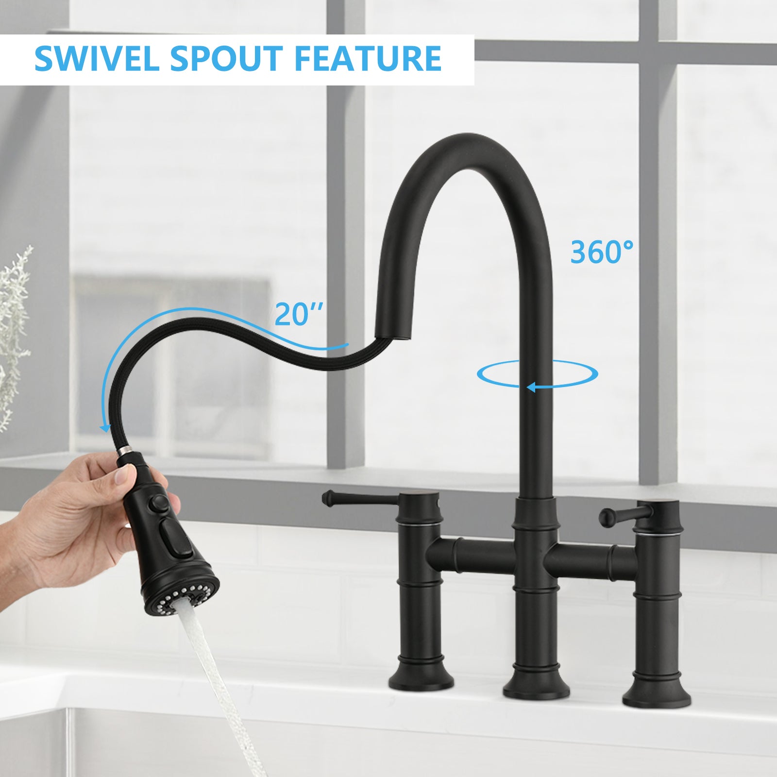 Double Handle Bridge Kitchen Faucet With Pull Down Spray Head Matte Black Stainless Steel