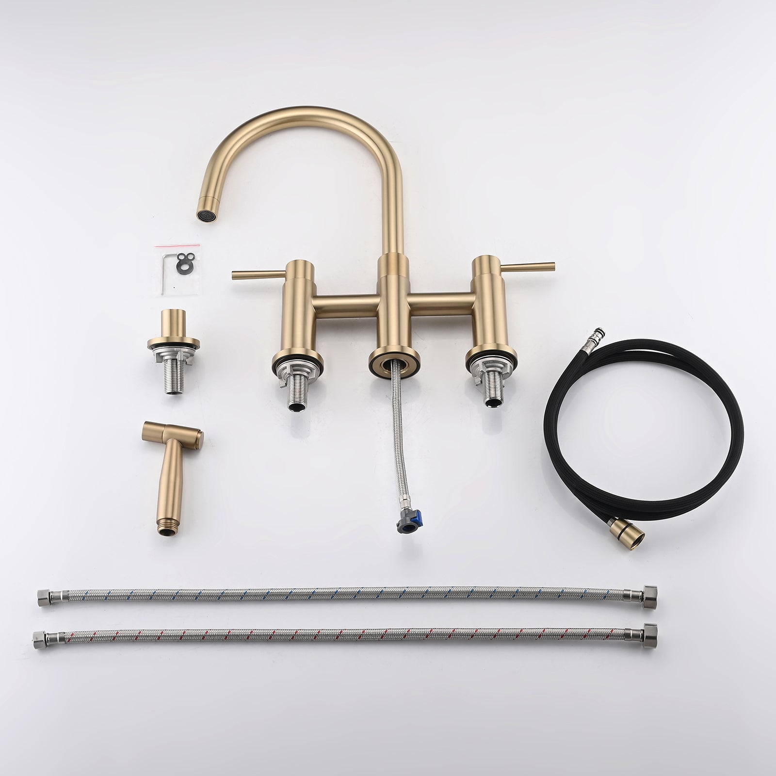 Double Handle Bridge Kitchen Faucet With Side Spray Brushed Gold Stainless Steel