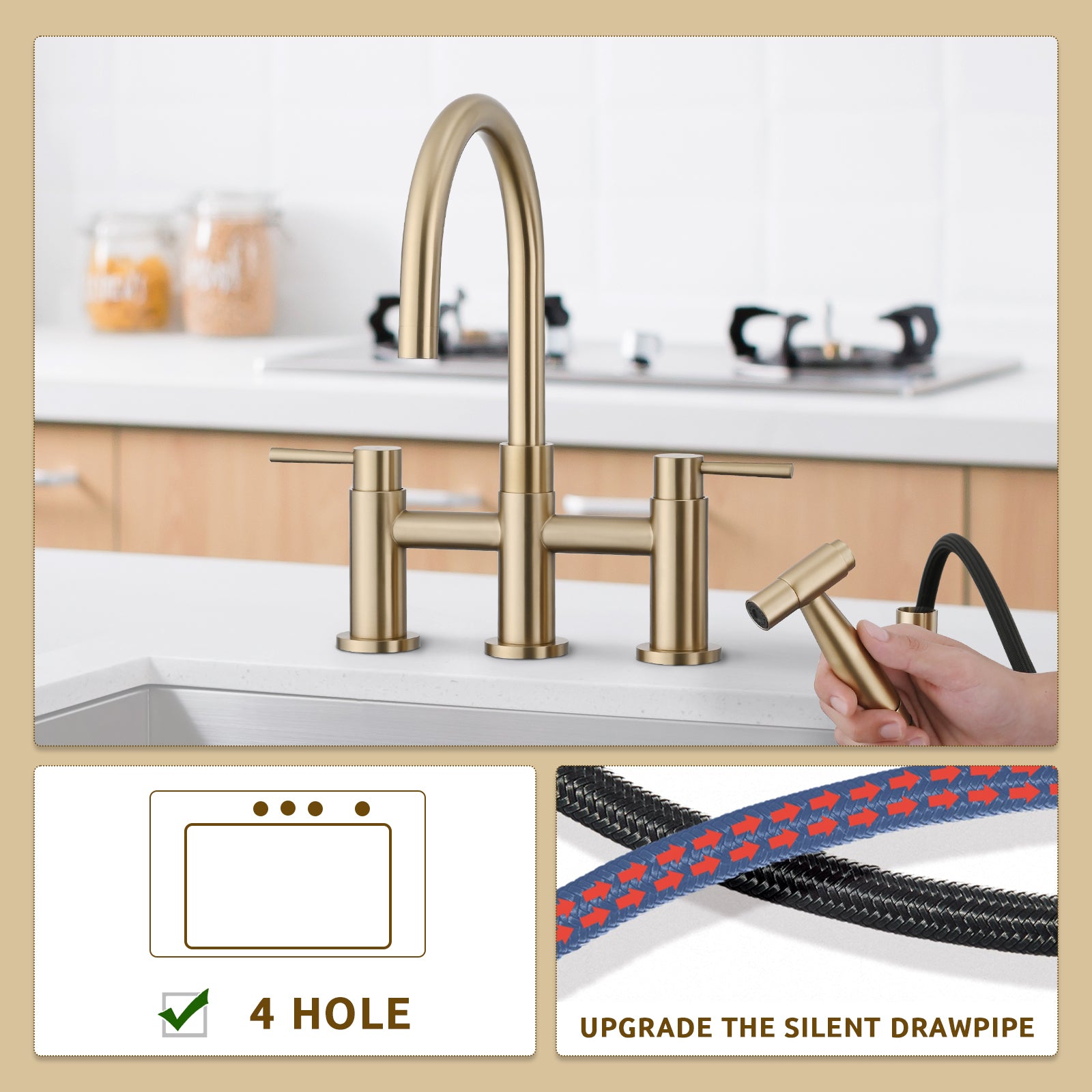 Double Handle Bridge Kitchen Faucet With Side Spray Brushed Gold Stainless Steel