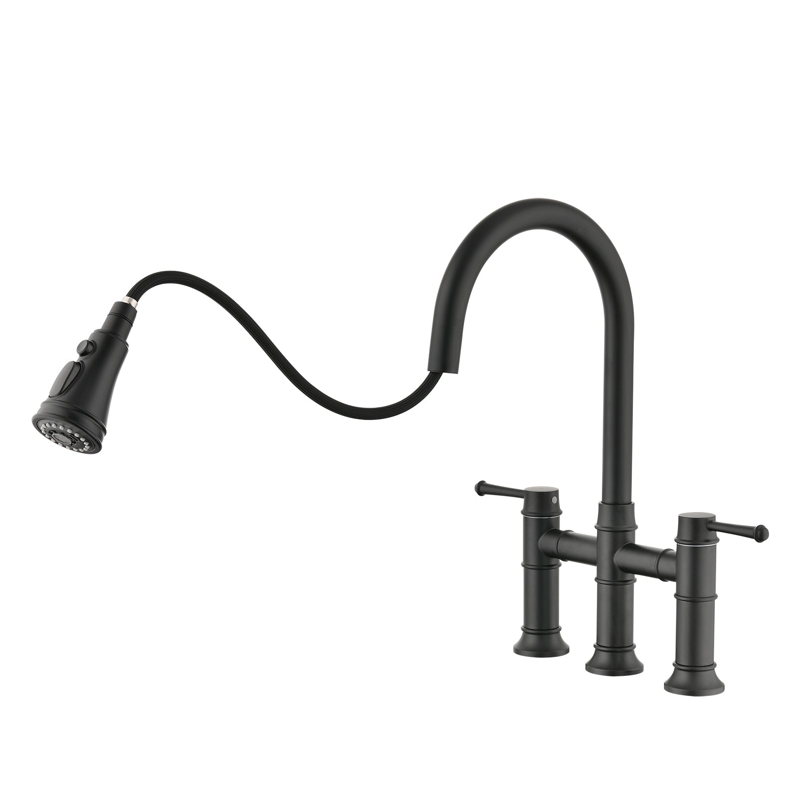 Double Handle Bridge Kitchen Faucet With Pull Down Spray Head Matte Black Stainless Steel