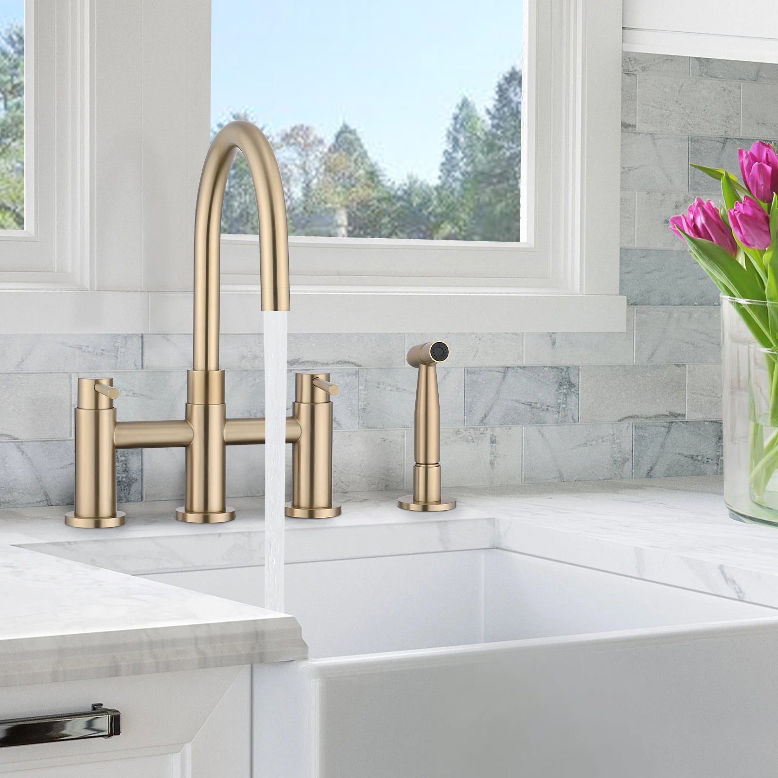 Double Handle Bridge Kitchen Faucet With Side Spray Brushed Gold Stainless Steel