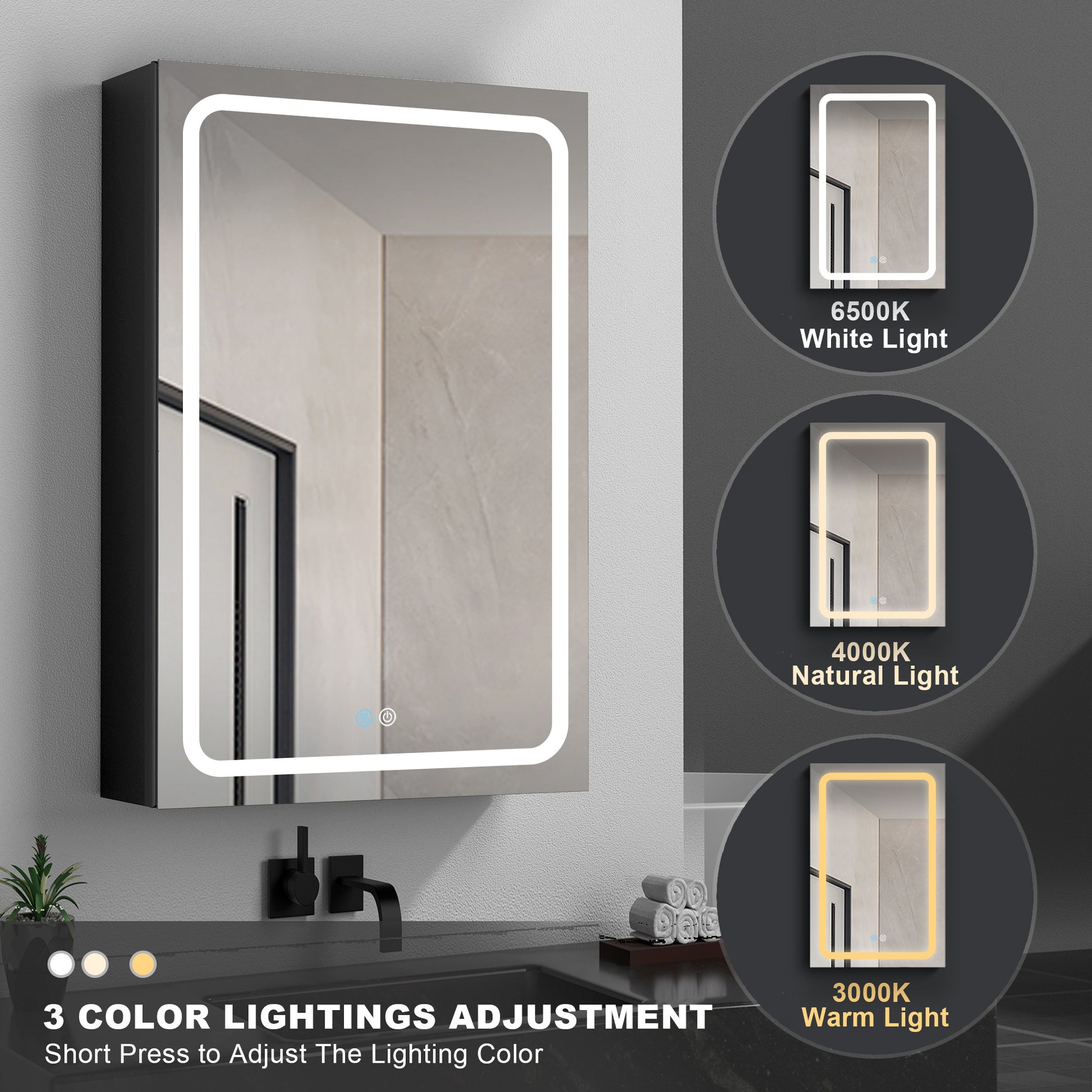 40X30 Inch Led Bathroom Medicine Cabinet Surface Mount Double Door Lighted Medicine Cabinet, Medicine Cabinets For Bathroom With Mirror Defogging, Dimmer Black Black Modern Aluminium