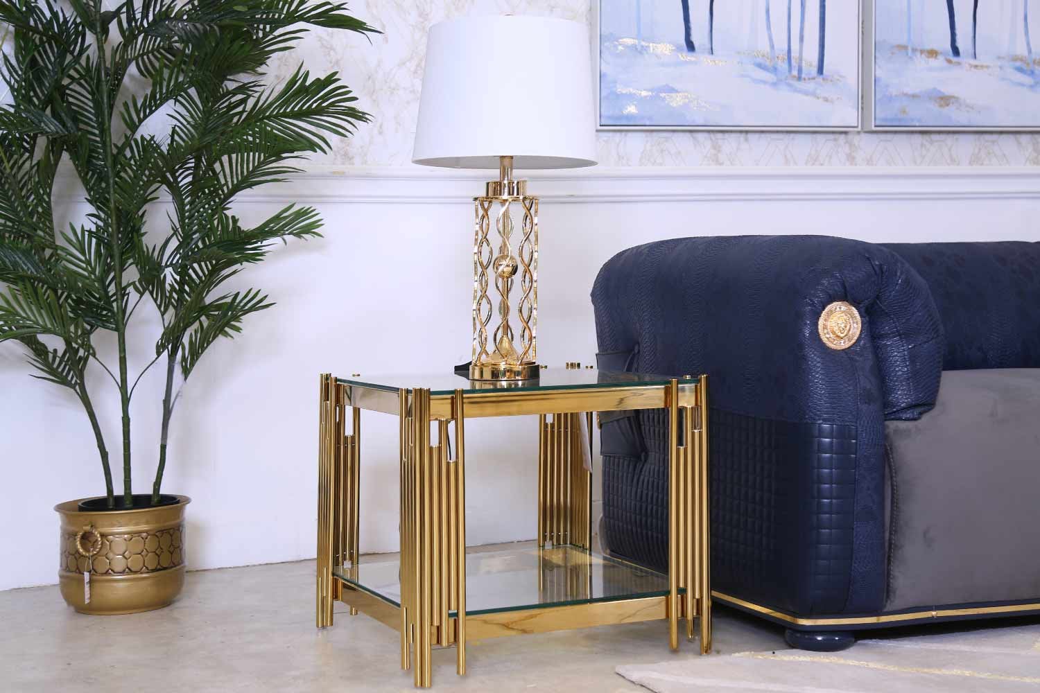 20" Wide Square End Table With Glass Top, Golden Stainless Steel Tempered Glass Coffee Table For Living Room&Bed Room Polished Golden Stainless Steel