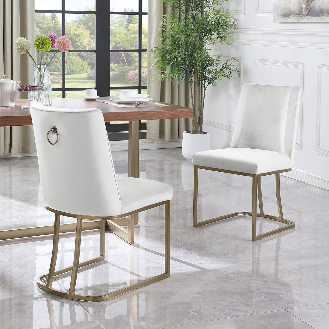 Dining Chairs, Velvet Upolstered Side Chair, Gold Metal Legs Set Of 2 White White Foam Metal