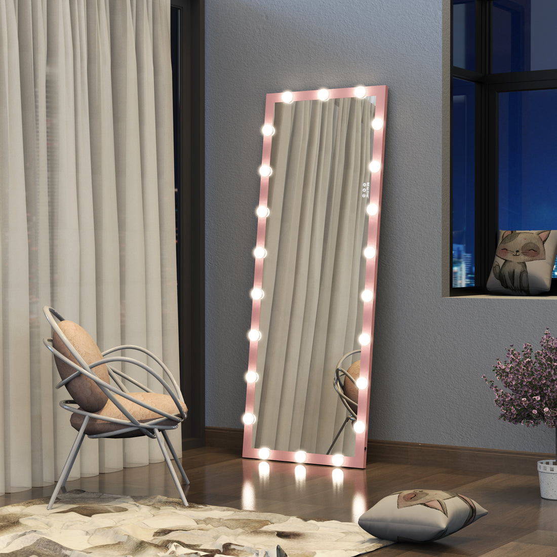 Hollywood Full Length Mirror With Lights Full Body Vanity Mirror With 3 Color Modes Wall Lighted Standing Floor Mirror For Dressing Room Bedroom Hotel Touch Control Pink 62.6"X23.3" Pink Aluminium