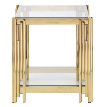 20" Wide Square End Table With Glass Top, Golden Stainless Steel Tempered Glass Coffee Table For Living Room&Bed Room Polished Golden Stainless Steel