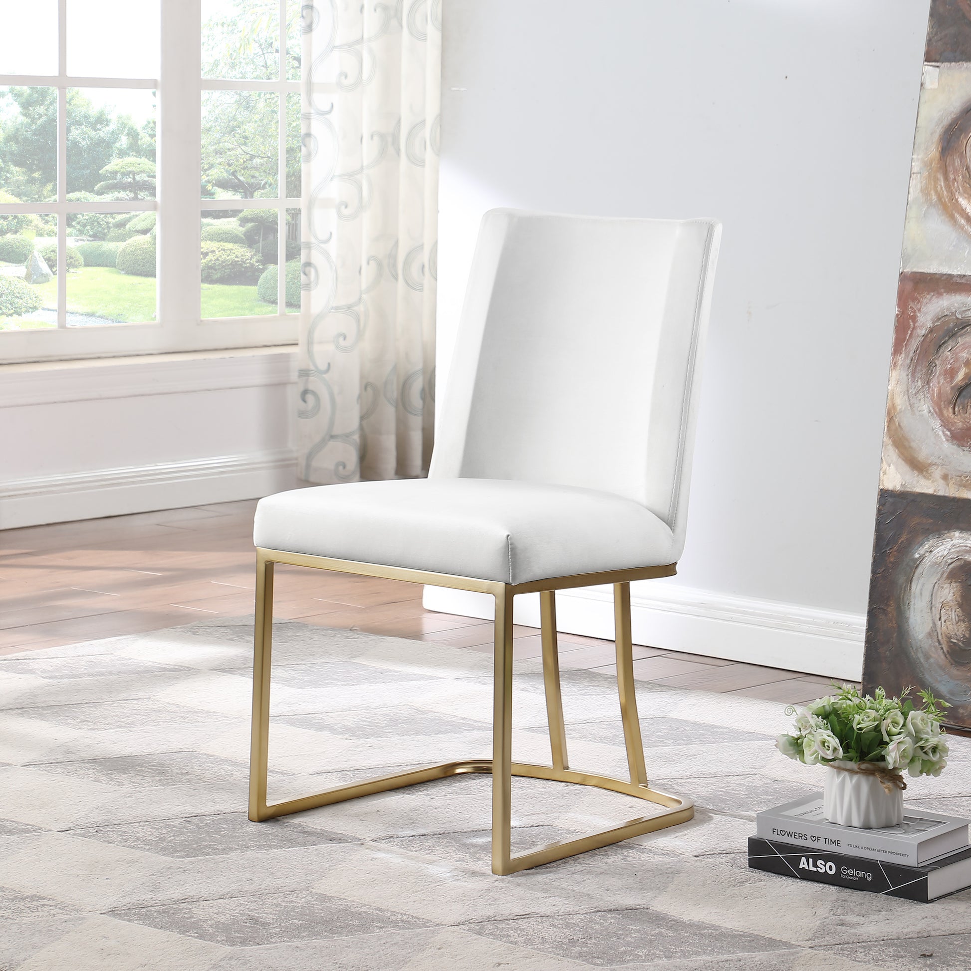 Dining Chairs, Velvet Upolstered Side Chair, Gold Metal Legs Set Of 2 White White Foam Metal