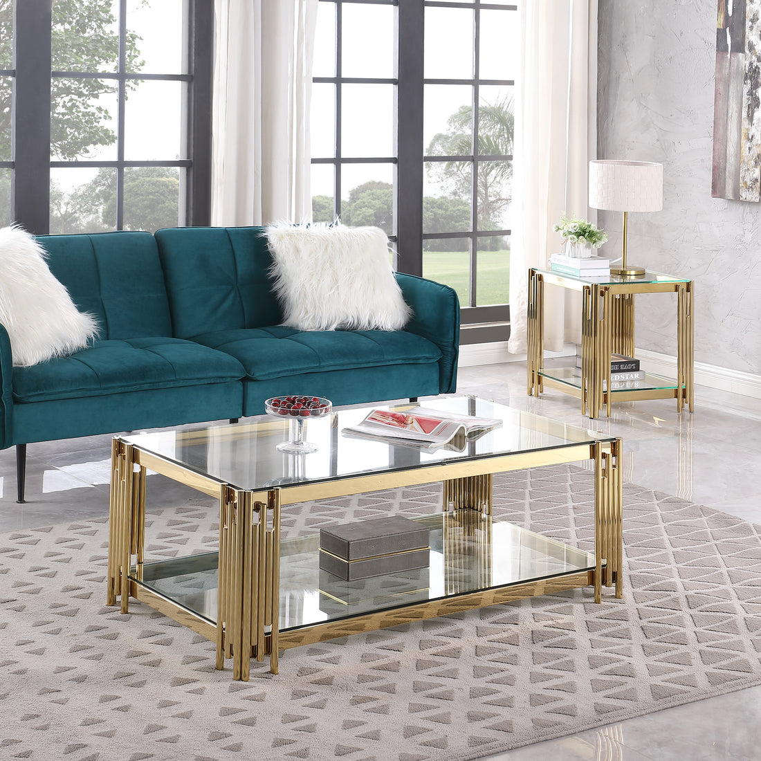 48" Wide Rectangular Coffee Table With Glass Top, Golden Stainless Steel Double Layer Coffee Table For Living Room Polished Golden Stainless Steel