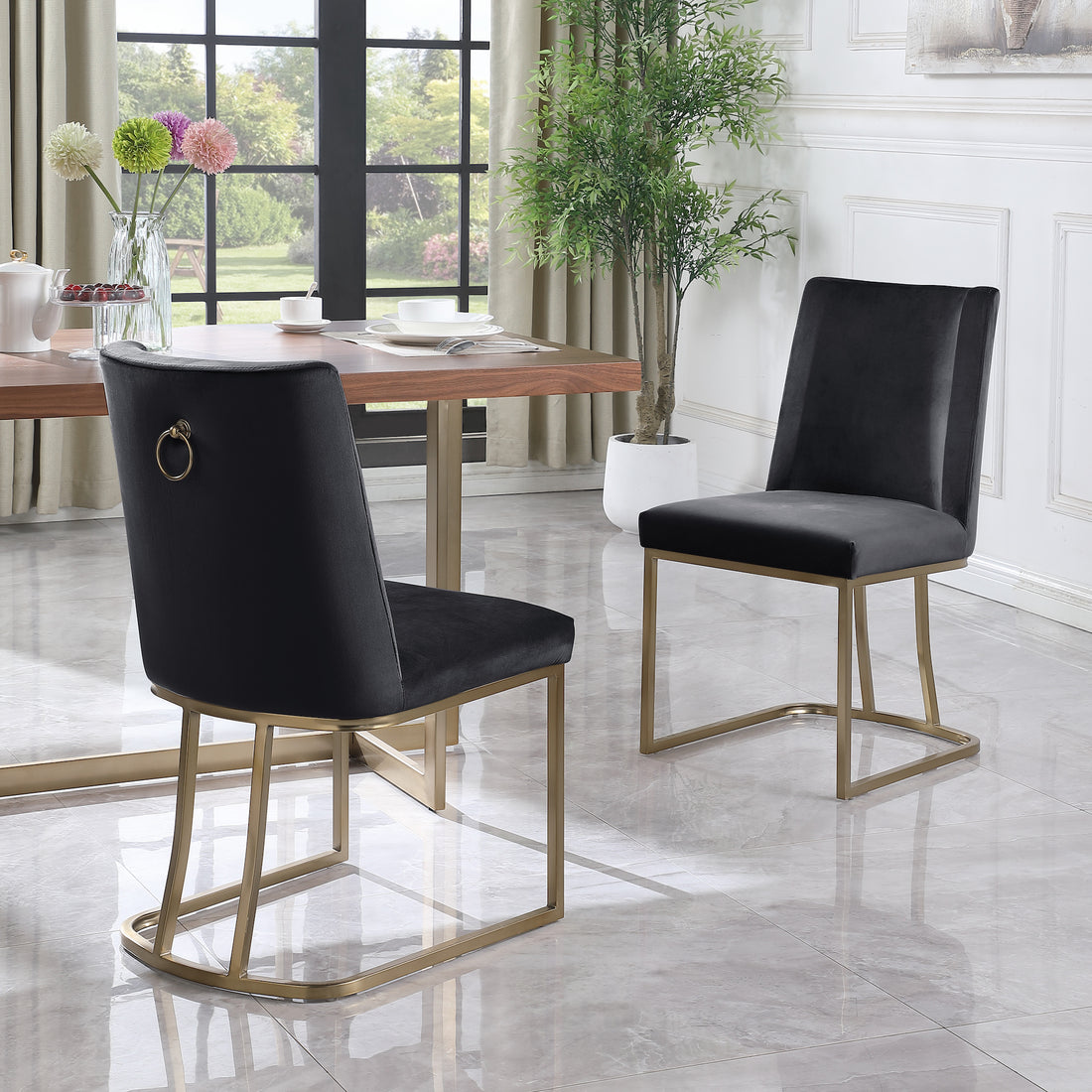 Dining Chairs, Velvet Upolstered Side Chair, Gold Metal Legs Set Of 2 Black Black Foam Metal