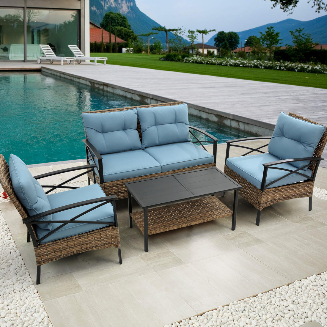 Patio 4 Piece Sectional Low Dining Conversation Sofa Set Kd Rattan Wicker Outdoor Garden Furniture Corner Sofa Set With Cushion. Blue Cotton Steel