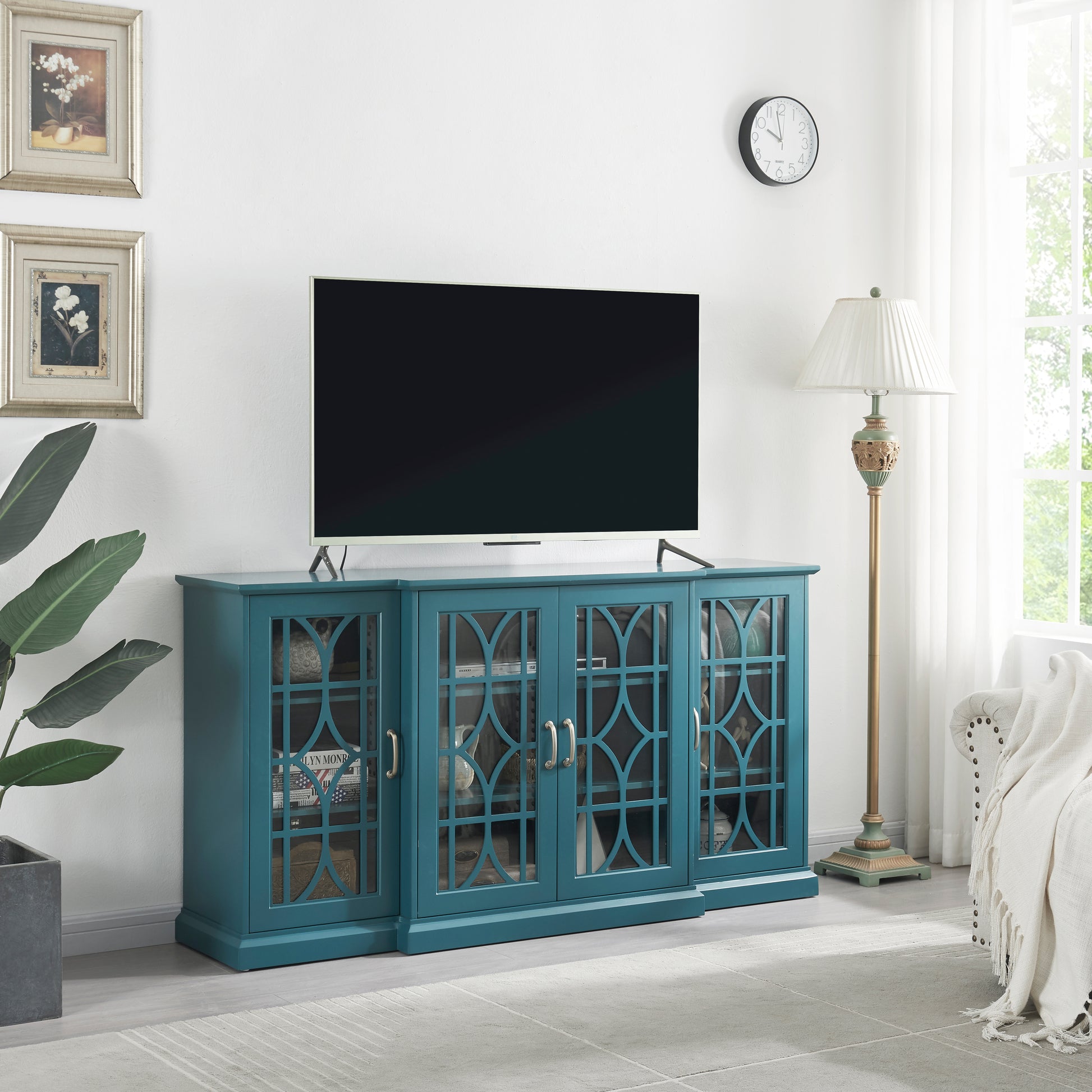 63" Tv Stand, Sideboard Buffet ,Storage Cabinet, Teal Blue Teal Blue Mdf Glass