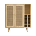 Bohemian Bar Cabinet, Natural Rattan Doors, Removable Wine Rack In Natural Wood Beige Boho Particle Board