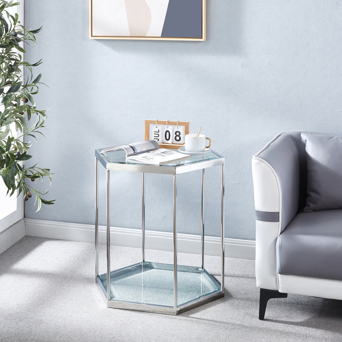 Modern Glass End Table With Silver Finish Stainless Steel Frame Silver Glass