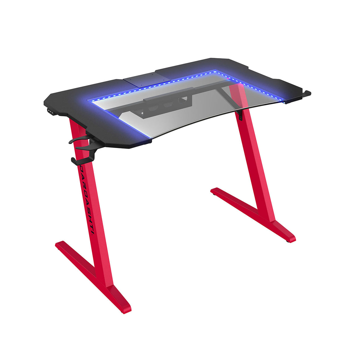 Gaming Desk, Steel Legs, Multicolored Led Lights, Cup Holder, 3 Usb Ports, Tempered Glass Accent In Red Red Metal