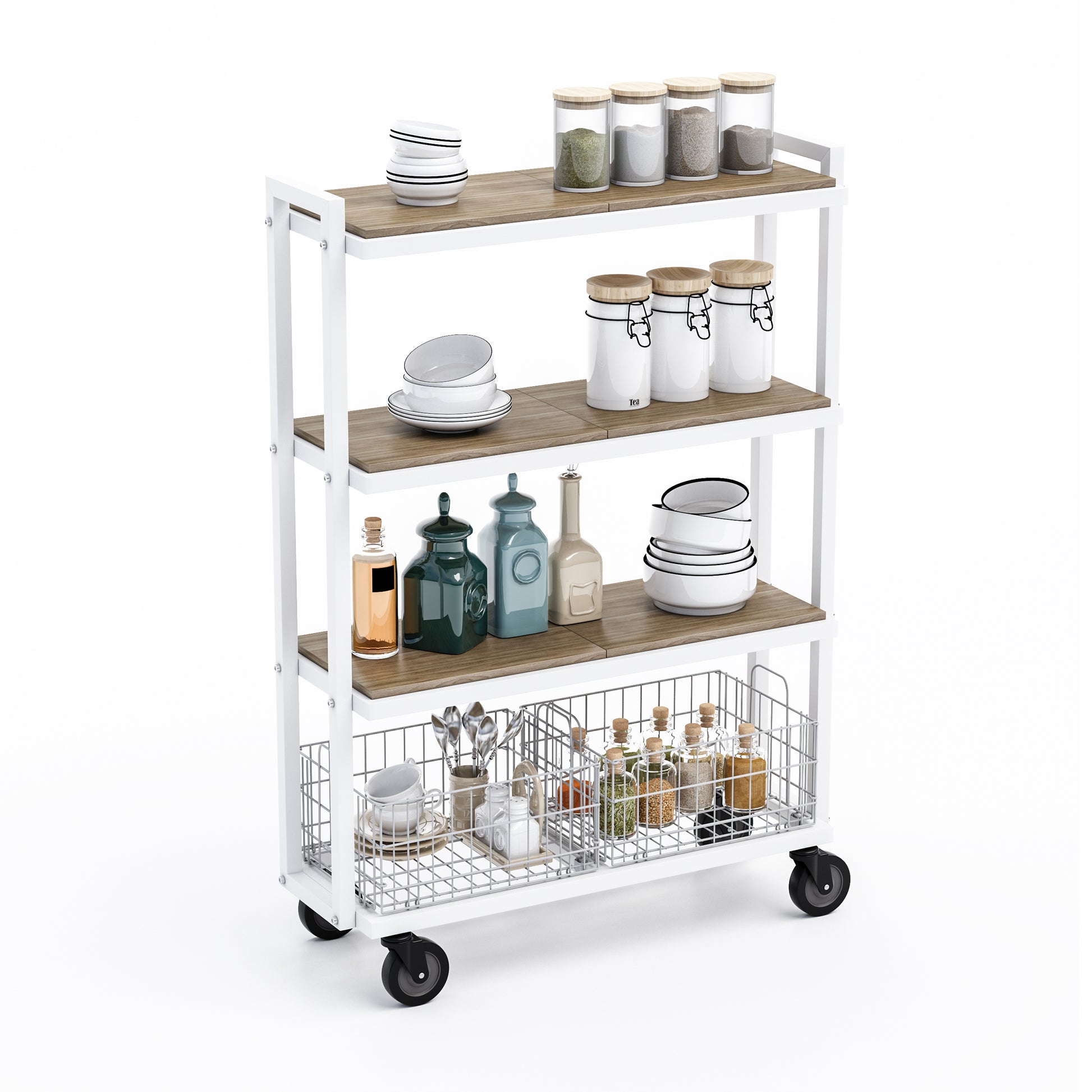 4 Tier Cart, Interchangeable Baskets And Shelves, Caster Wheels, Powder Coated Metal In White White Metal