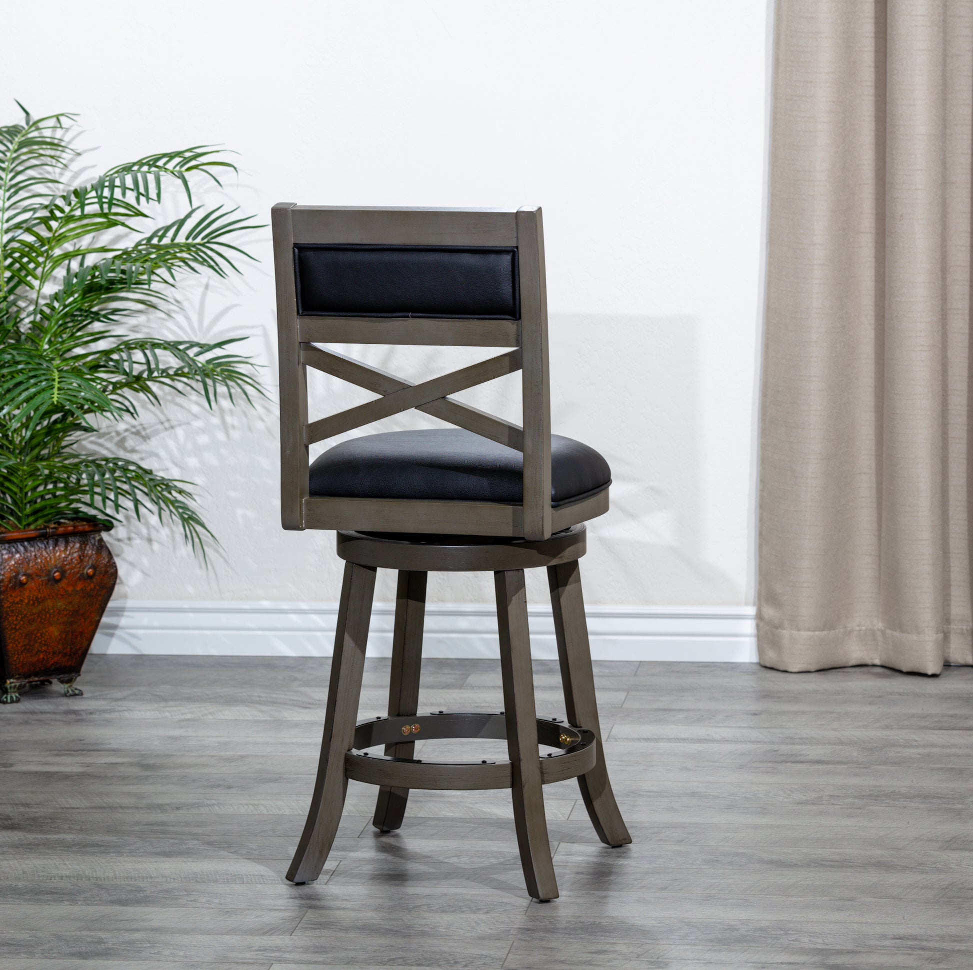 30" Bar Height X Back Swivel Stool, Weathered Gray Finish, Black Leather Seat Gray Bonded Leather