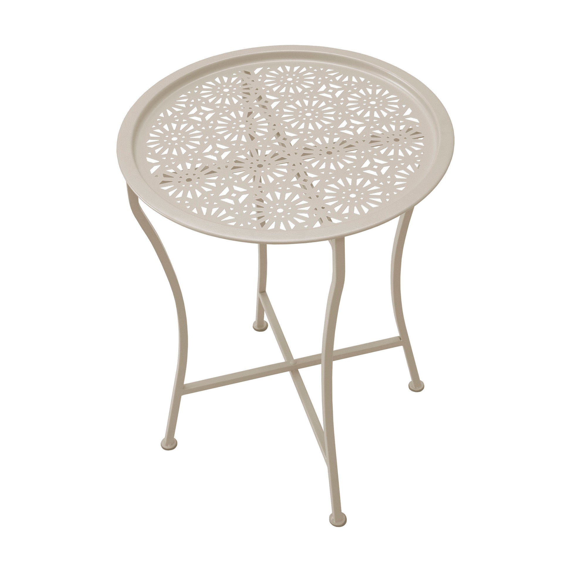 Foldable Side Table, Removable Tabletop, Laser Cut Design, Powder Coated Metal In Beige Beige Metal