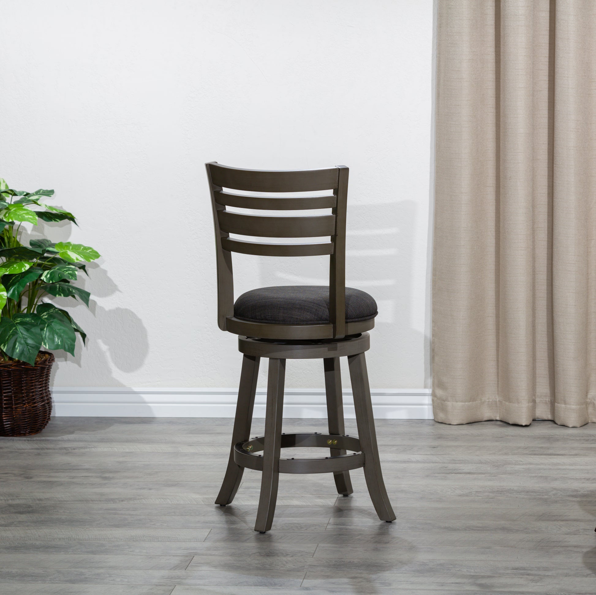 24" Counter Height Slat Back Swivel Stool, Weathered Gray Finish, Charcoal Fabric Seat Gray Fabric