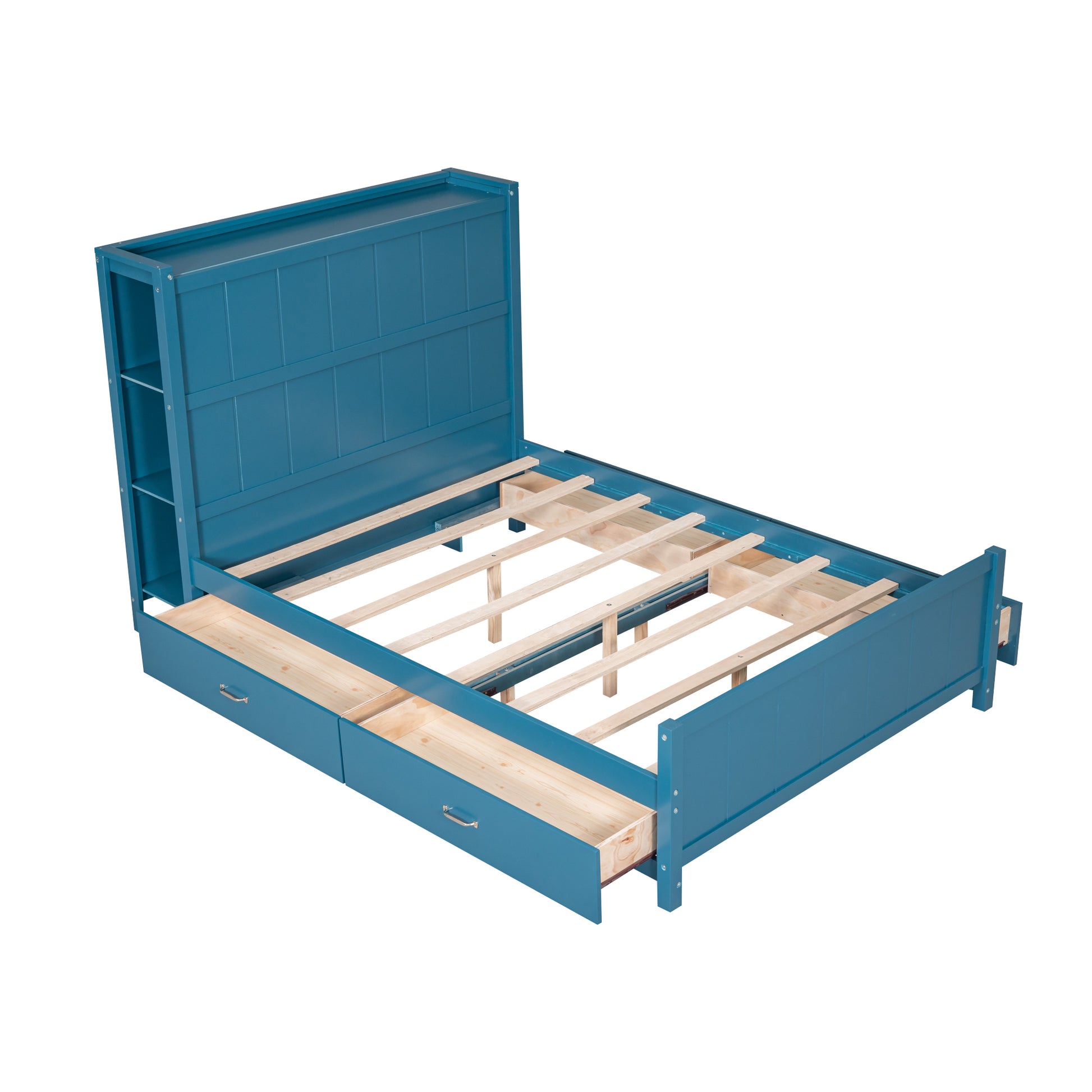 Full Size Platform Bed With Drawers And Storage Shelves, Blue Blue Pine
