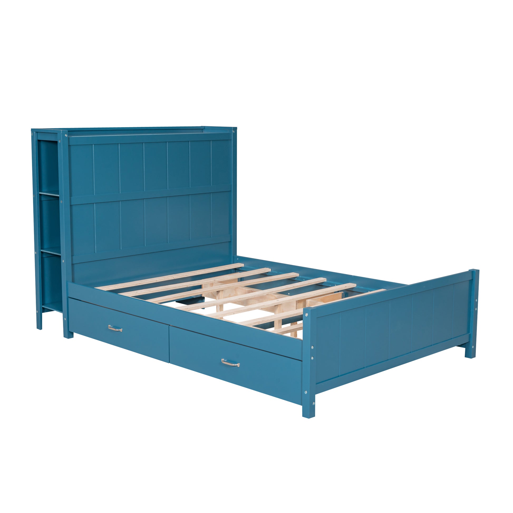 Full Size Platform Bed With Drawers And Storage Shelves, Blue Blue Pine