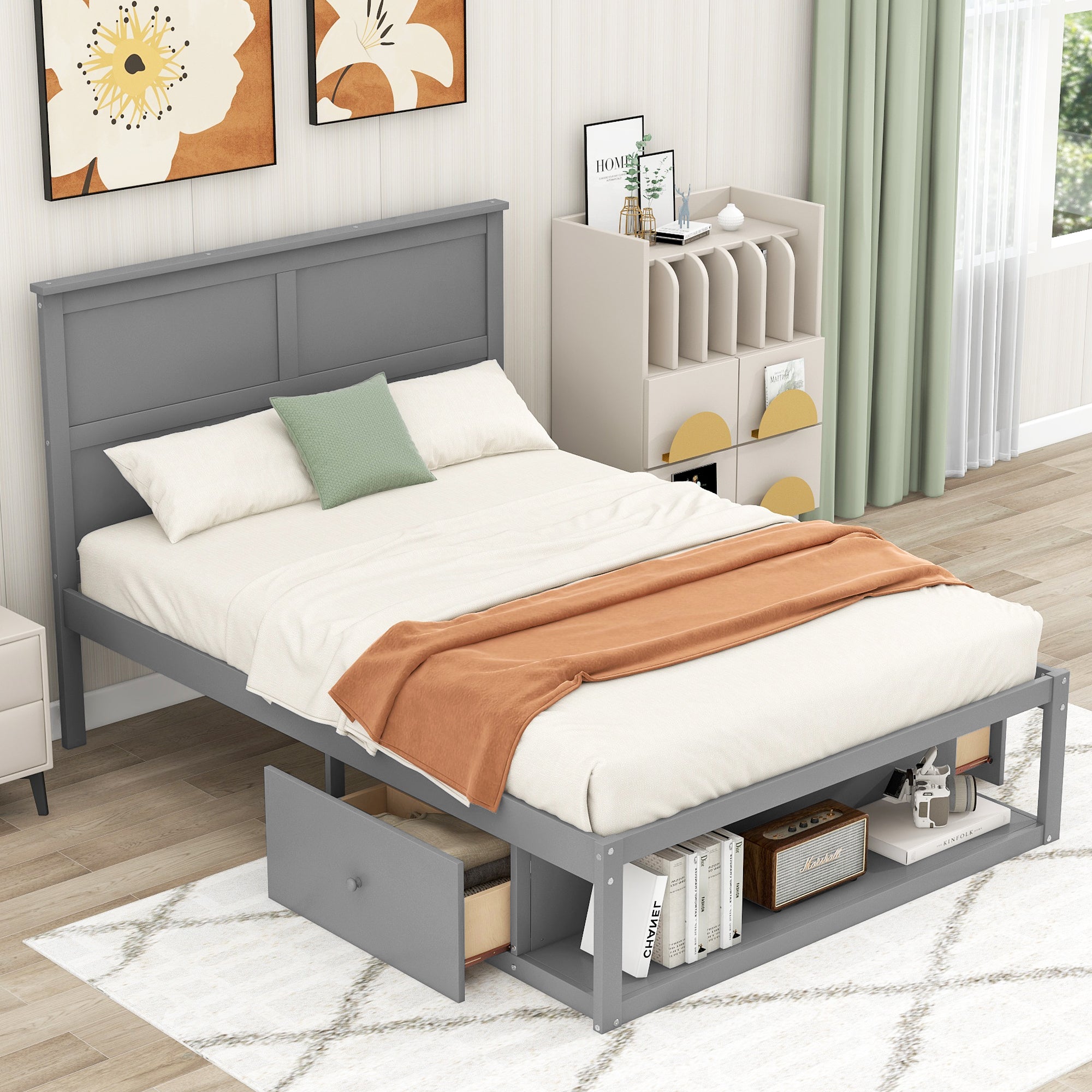 Full Size Platform Bed With Drawer On The Each Side And Shelf On The End Of The Bed, Gray Gray Pine