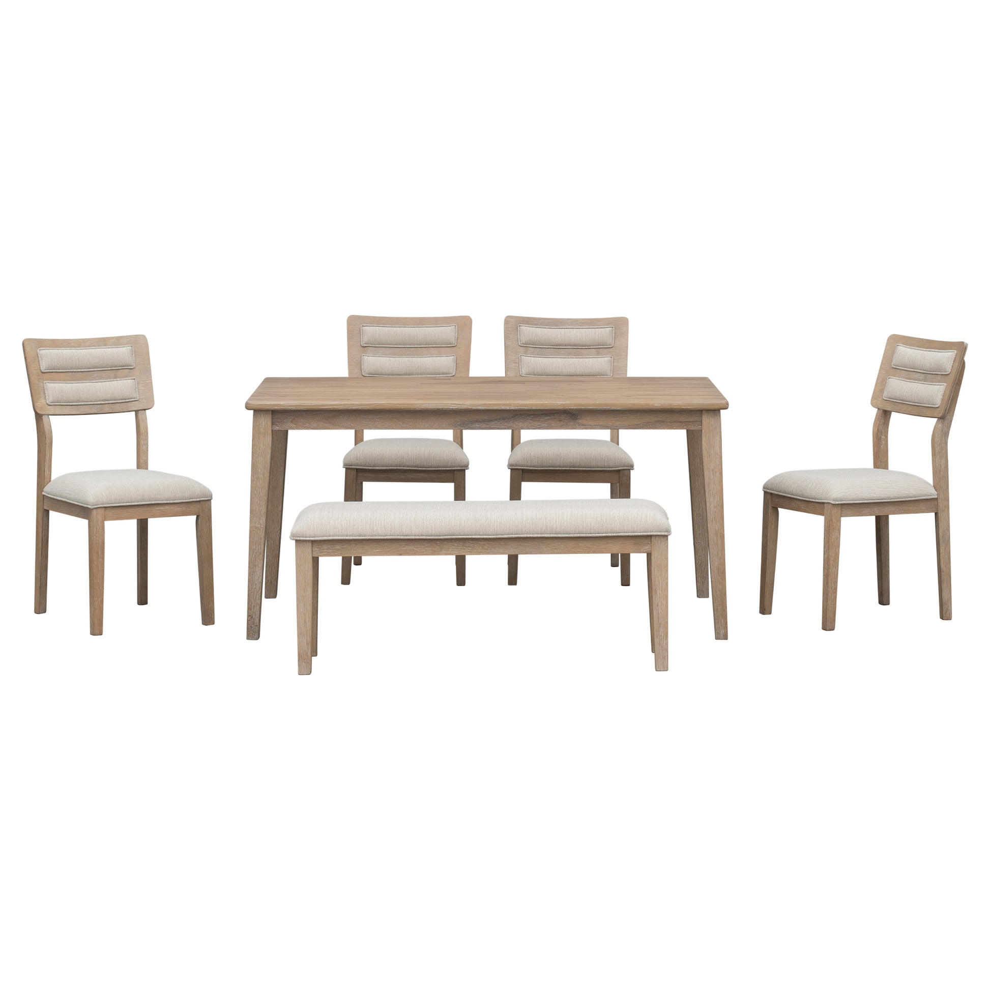 Classic And Traditional Style 6 Piece Dining Set, Includes Dining Table, 4 Upholstered Chairs & Bench Natural Wood Wash Natural Wood Wash Solid Wood