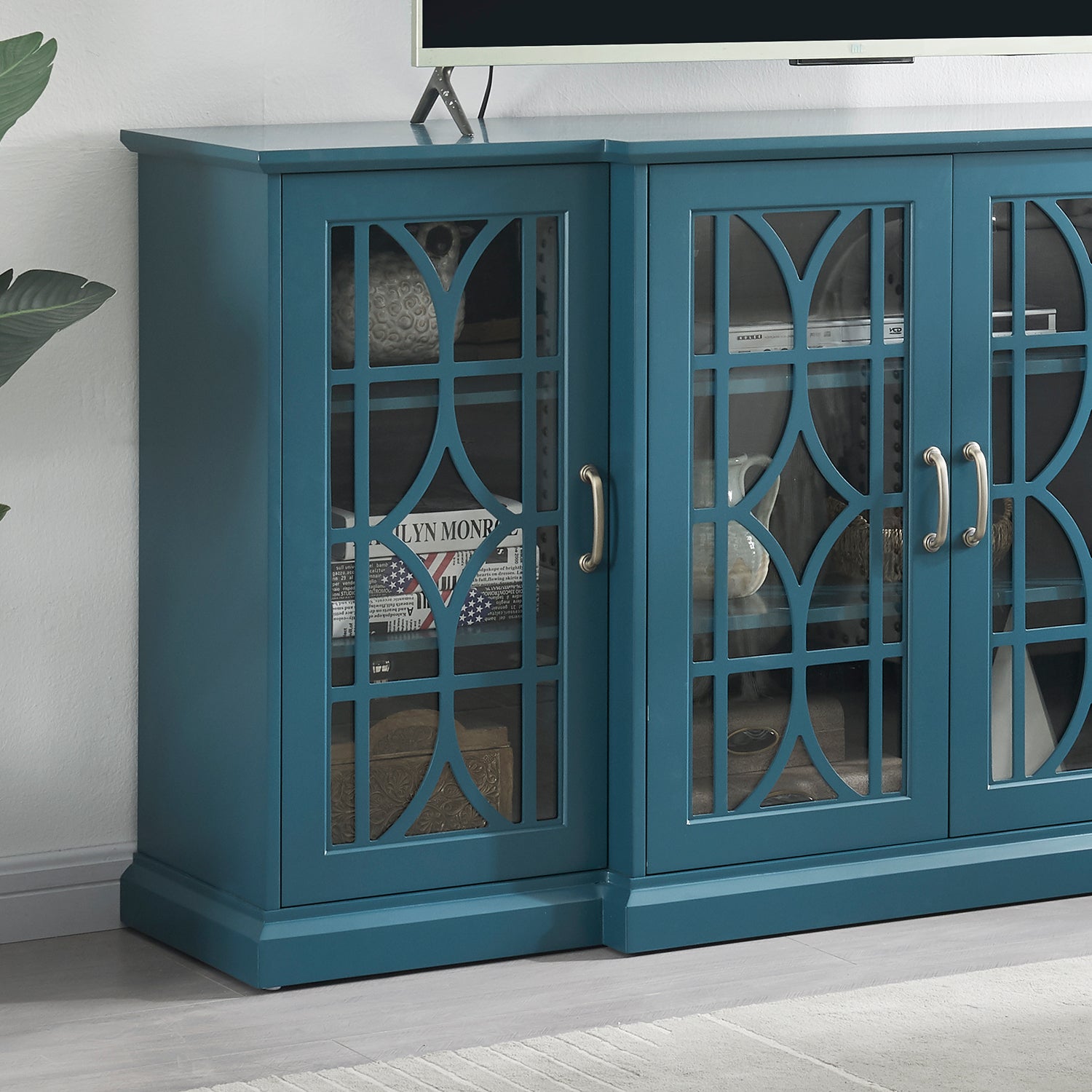 63" Tv Stand, Sideboard Buffet ,Storage Cabinet, Teal Blue Teal Blue Mdf Glass