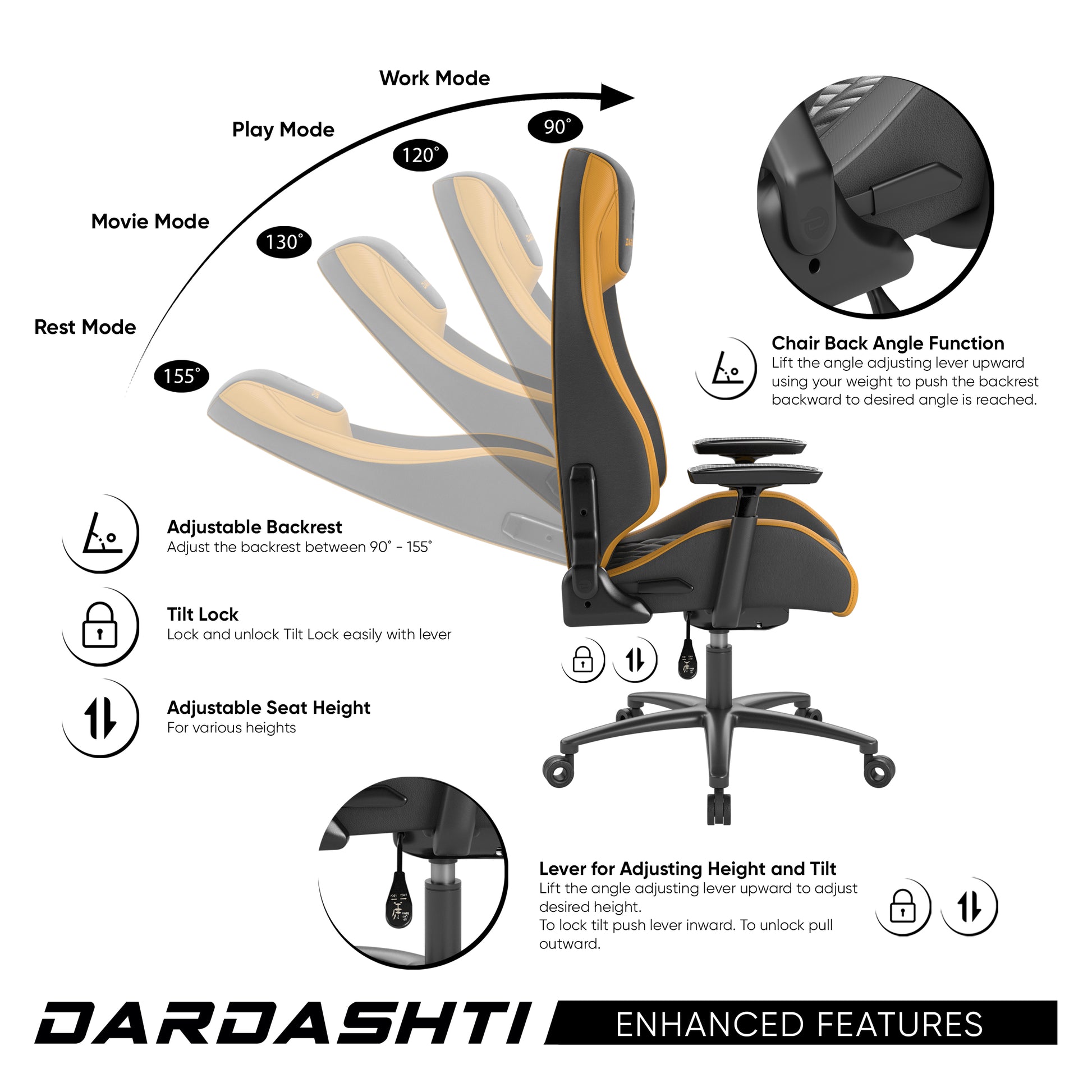 Next Gen Ergonomic Gaming Chair, 8 Way Adjustable Arm Rest, Multi Tilt, Steel Frame In Yellow Yellow Foam